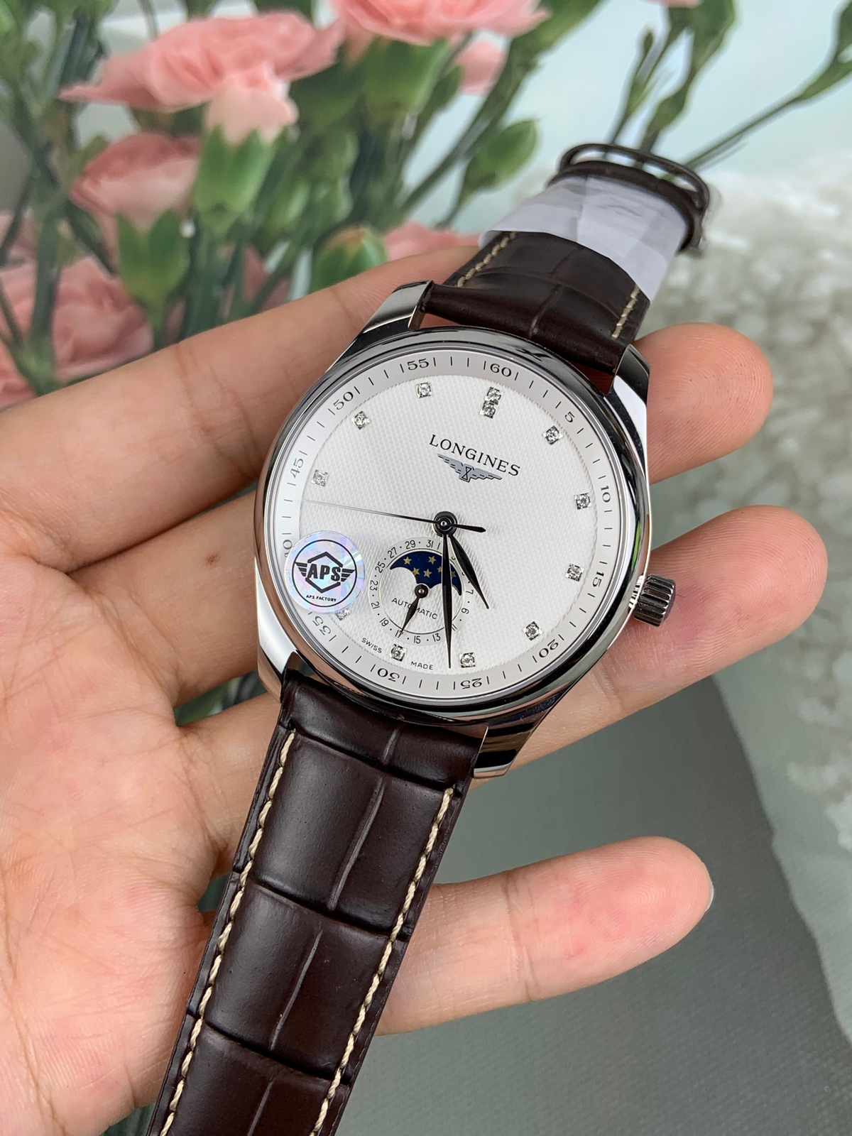 Longines Master Collection Moonphase 40mm – White Textured Dial – Diamond Hour Markers